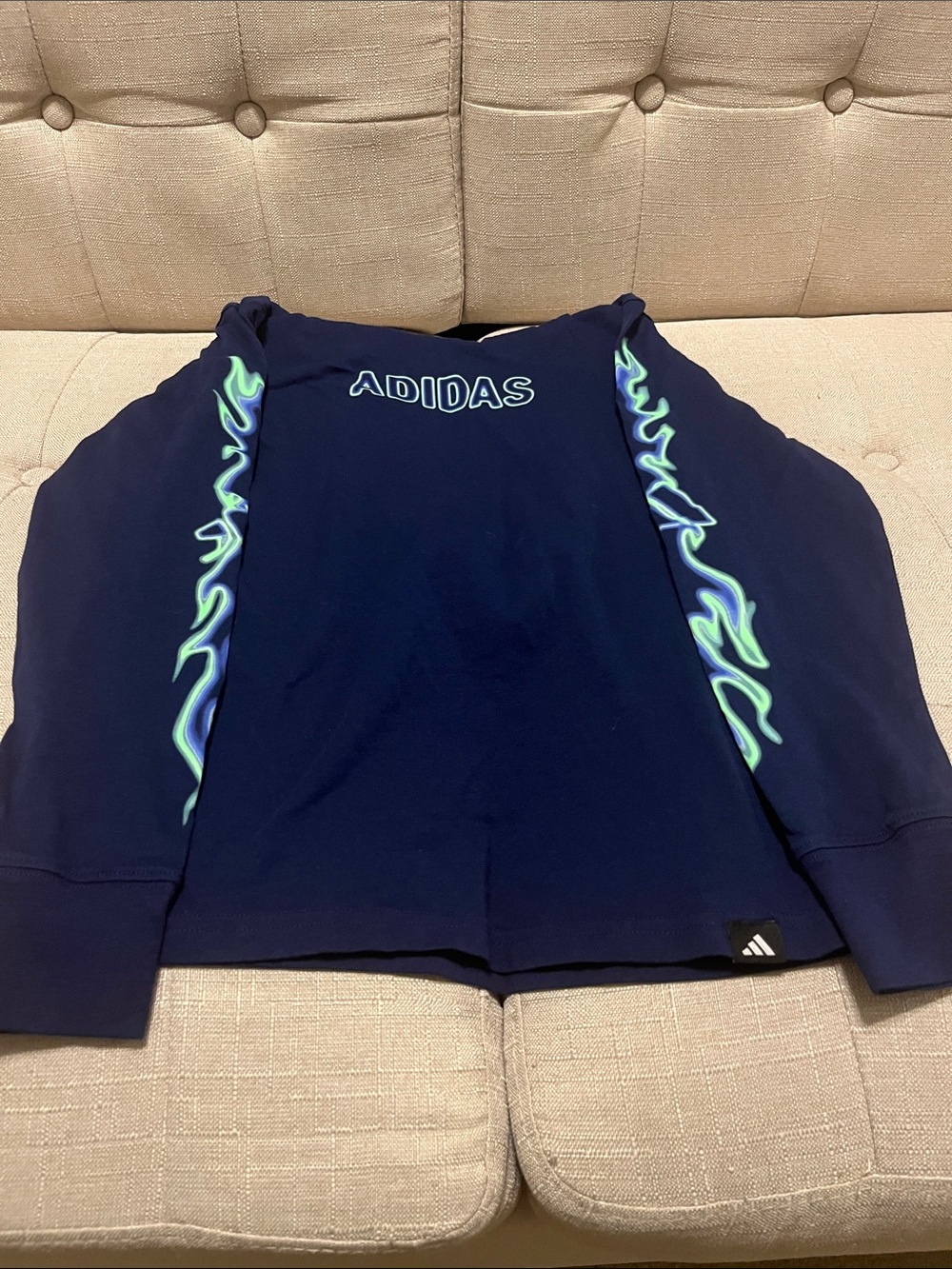 adidas Navy hooded long sleeve shirt with Neon Green & Aqua Flame Sleeves